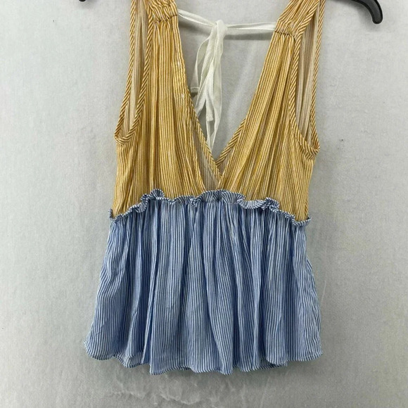 BP Blouse Women XS Yellow Blue Colorblock V-Neck Striped Peplum Pleated Tie Back - Picture 6 of 11